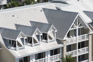 Steel roofing on modern apartment condo building for hurricane protection